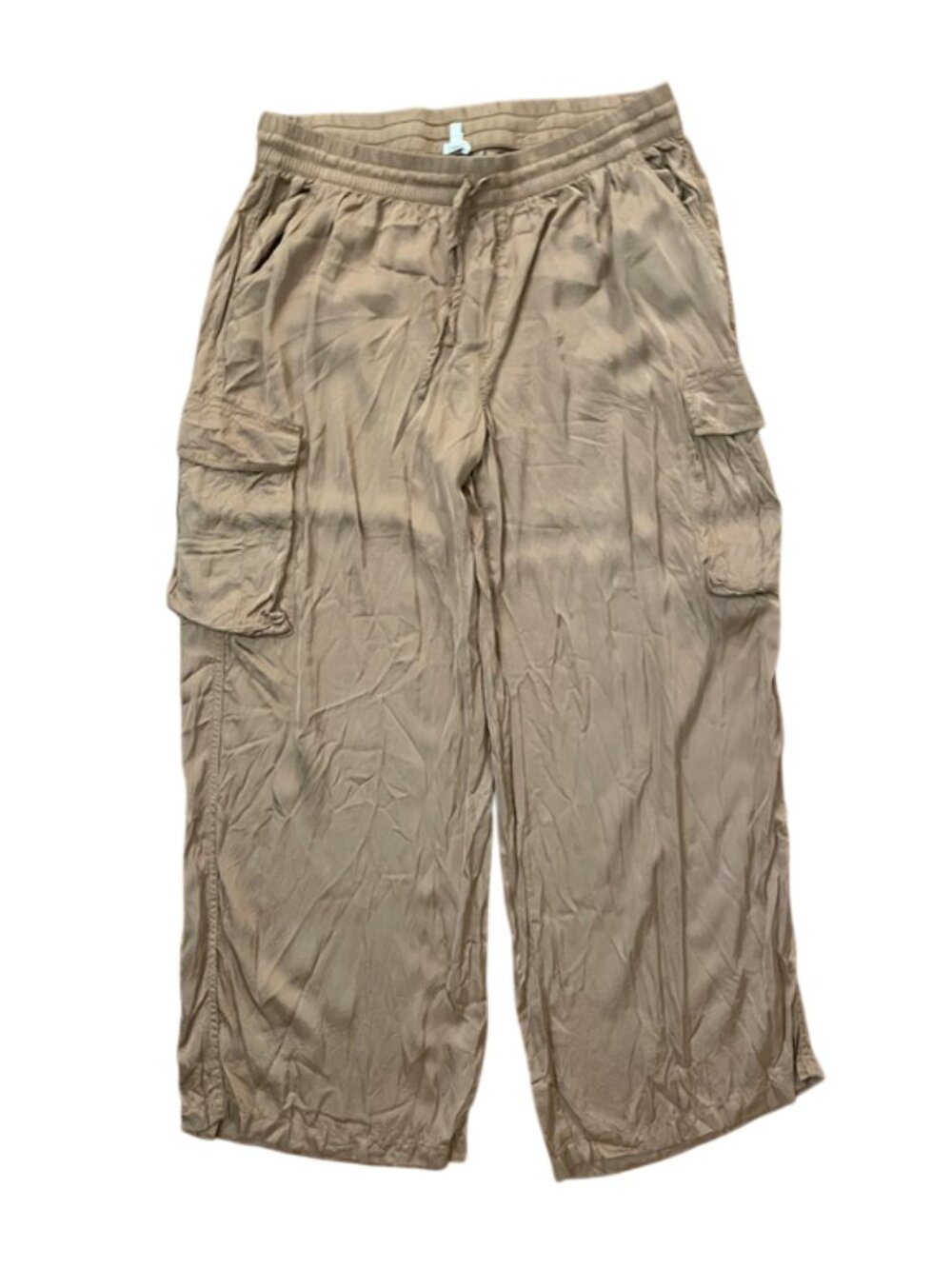 Aerie Women’s XL Brown Satin Wide Leg Cargo Pants Elastic Waist Drawstring